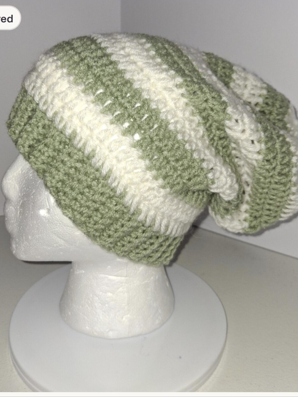 Beanie Slouchy Cap XL Green And Off White Striped Crocheted Handmade